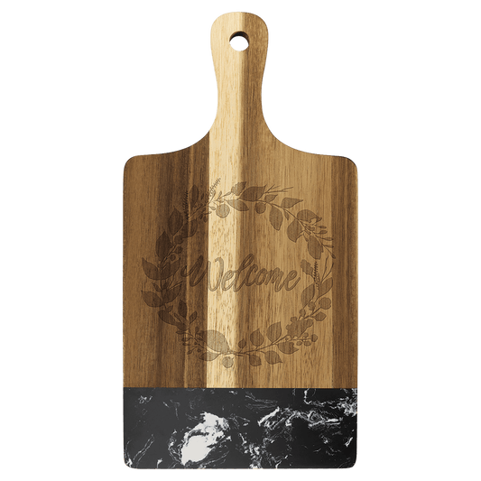 13 1/2" x 7" Acacia Wood with Black or White Marble Accent Paddle Shaped Cutting Board